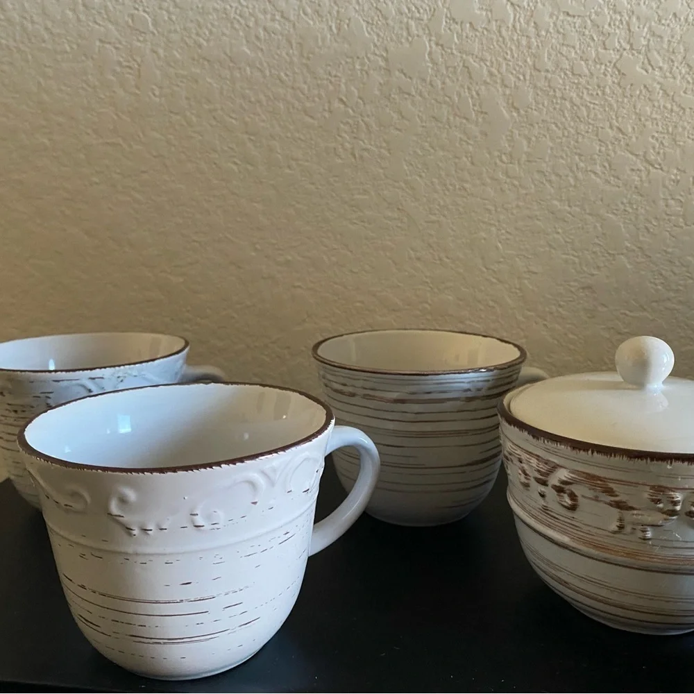 Pfaltzgraff 4 Piece Rustic Trellis White Stoneware 3 Mug and Sugar Bowl Set